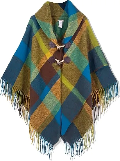 Khaki-Blue Winter Chic Plaid Poncho Cardigan