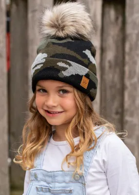 Kids Green Camo Knit Pom Beanie