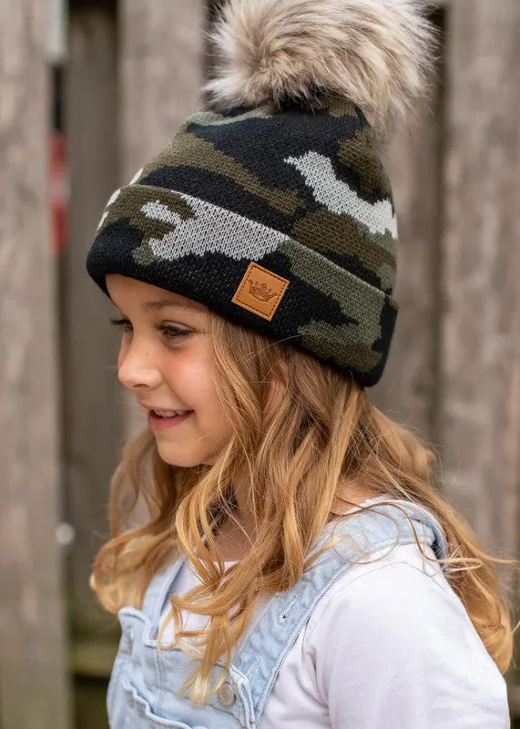 Kids Green Camo Knit Pom Beanie