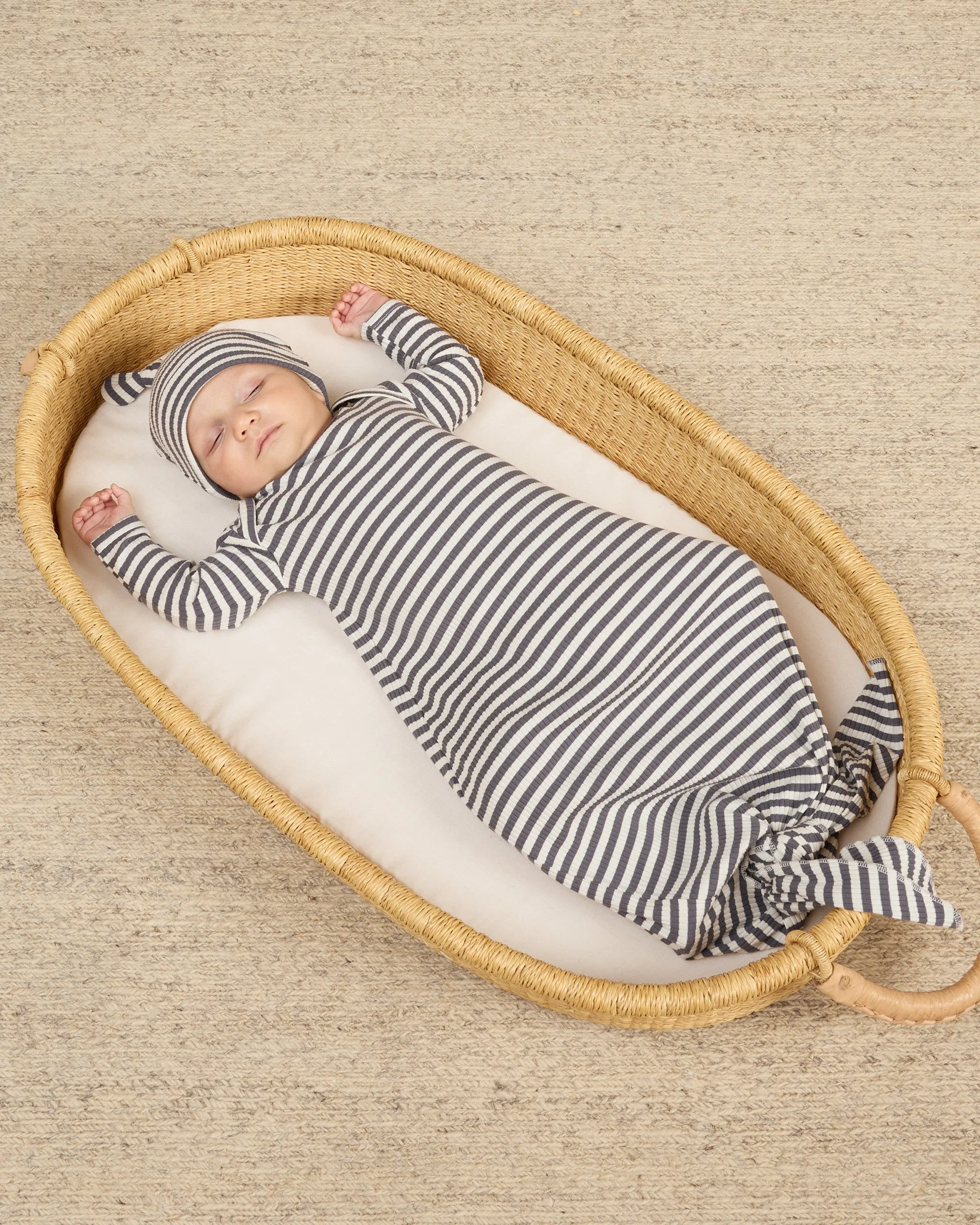 Knotted Baby Gown   Hat Set || Indigo Stripe