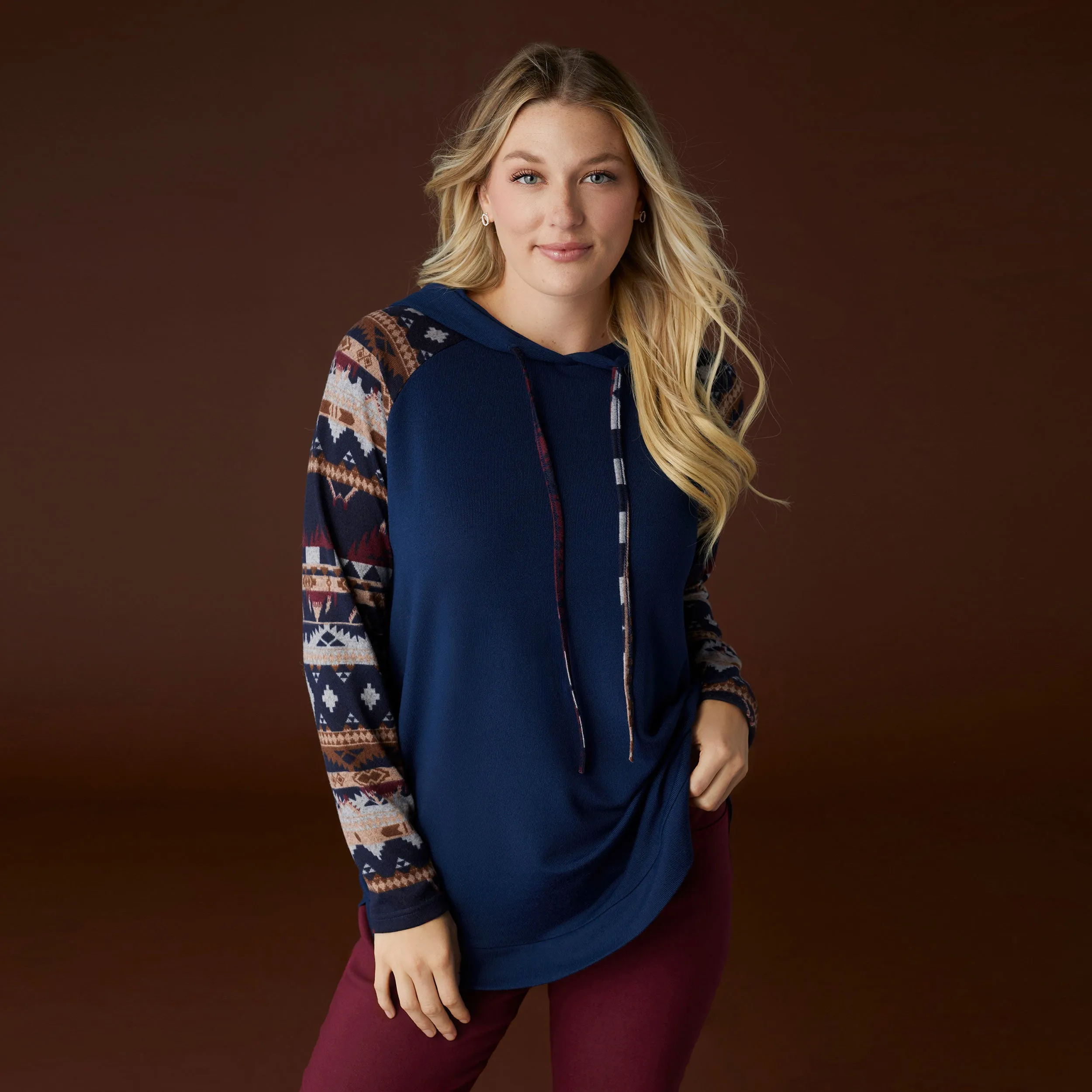 Kyla Hooded Aztec Sleeve Tunic - Navy/Aztec - Final Sale