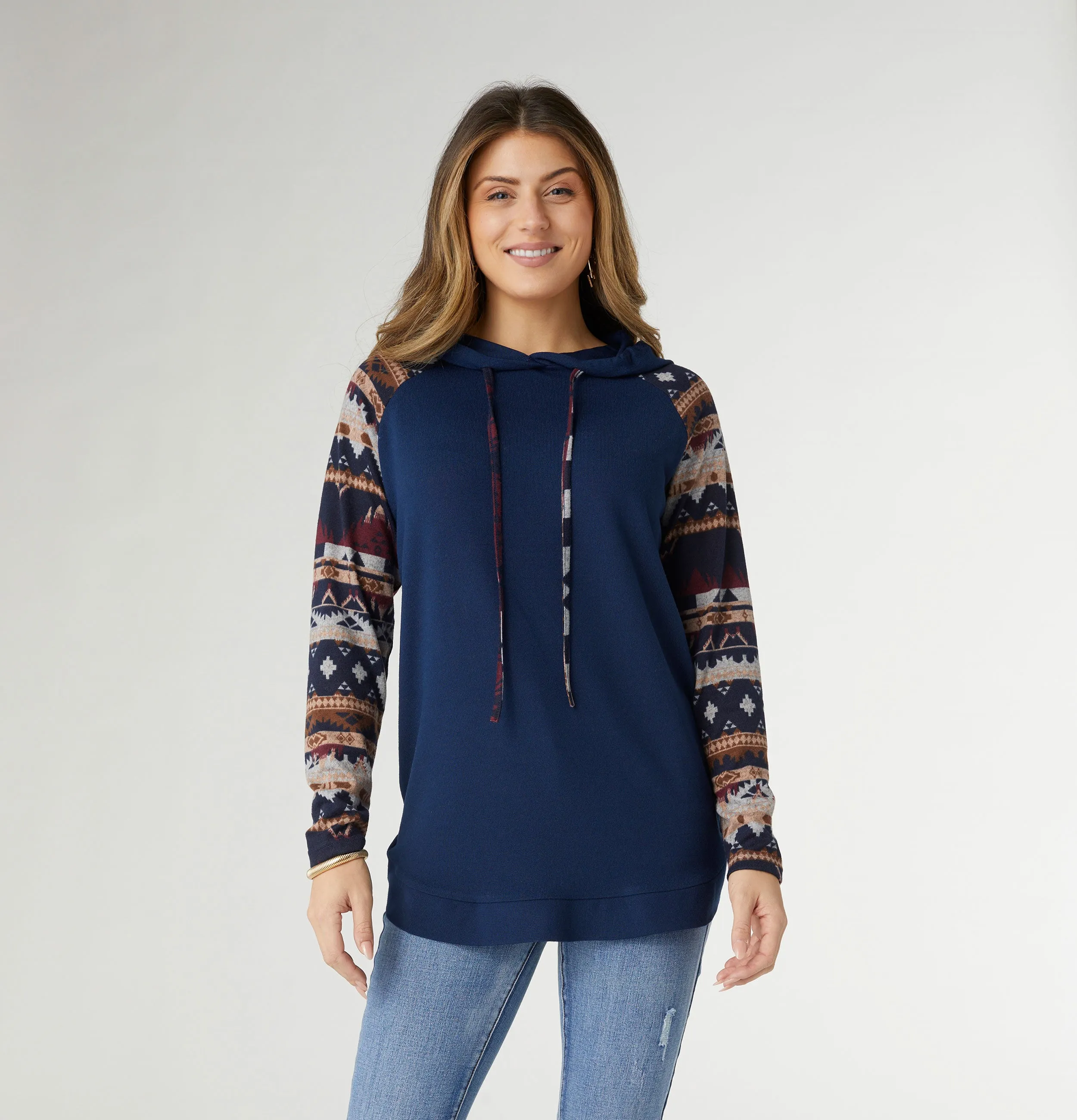 Kyla Hooded Aztec Sleeve Tunic - Navy/Aztec - Final Sale