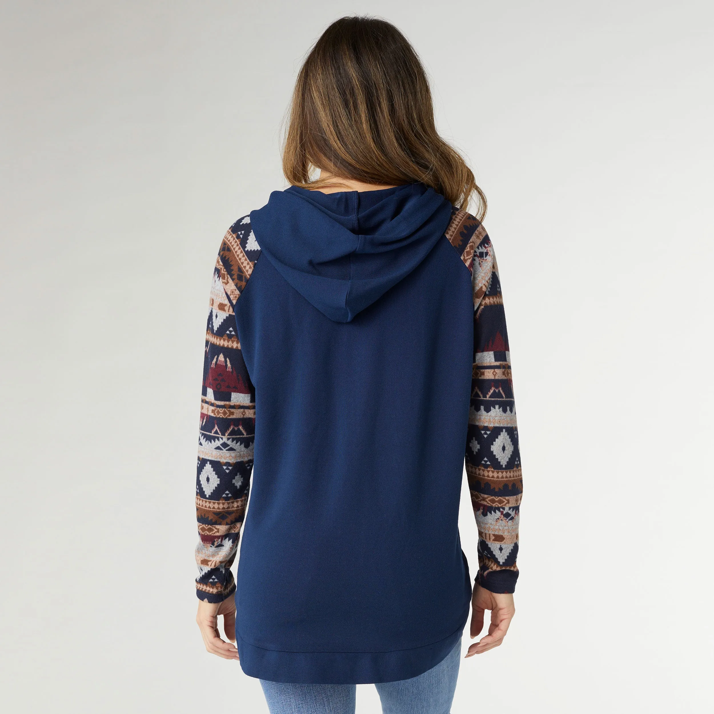 Kyla Hooded Aztec Sleeve Tunic - Navy/Aztec - Final Sale