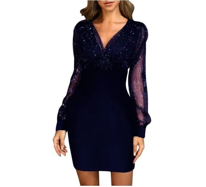 Lady's sexy sequins sheer mesh long sleeves mini pencil dress | v neck slimming party prom evening dress