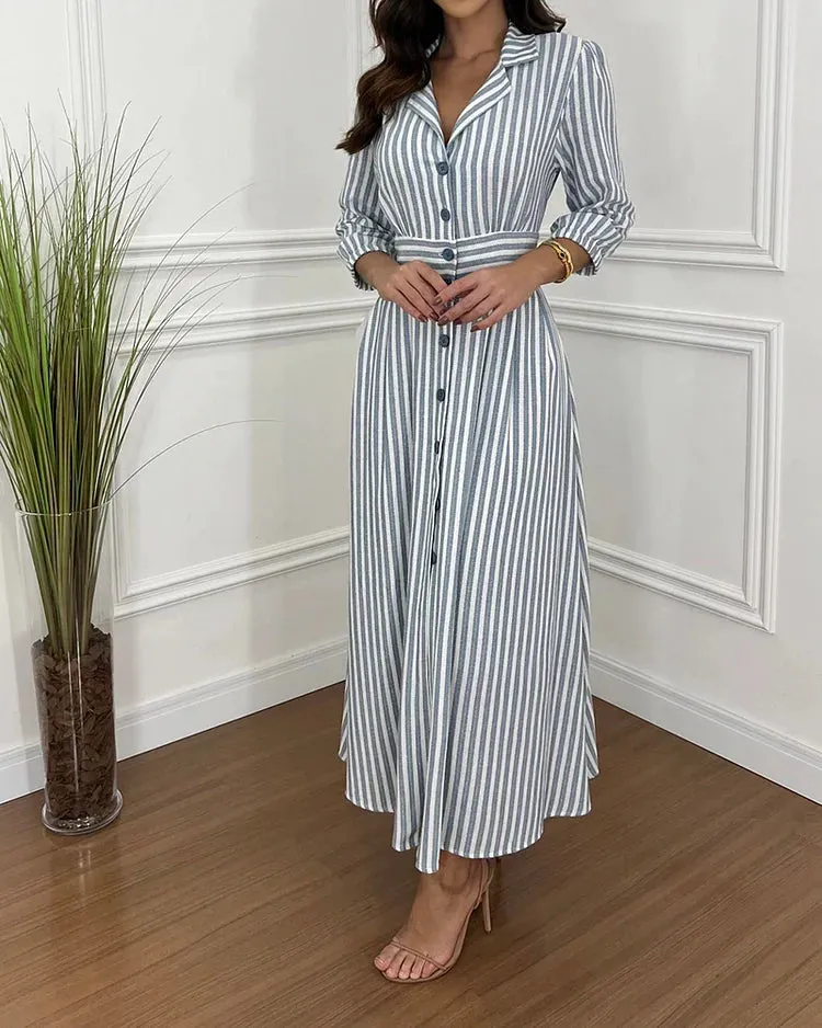 LAPEL STRIPED PRINT SHIRT DRESS