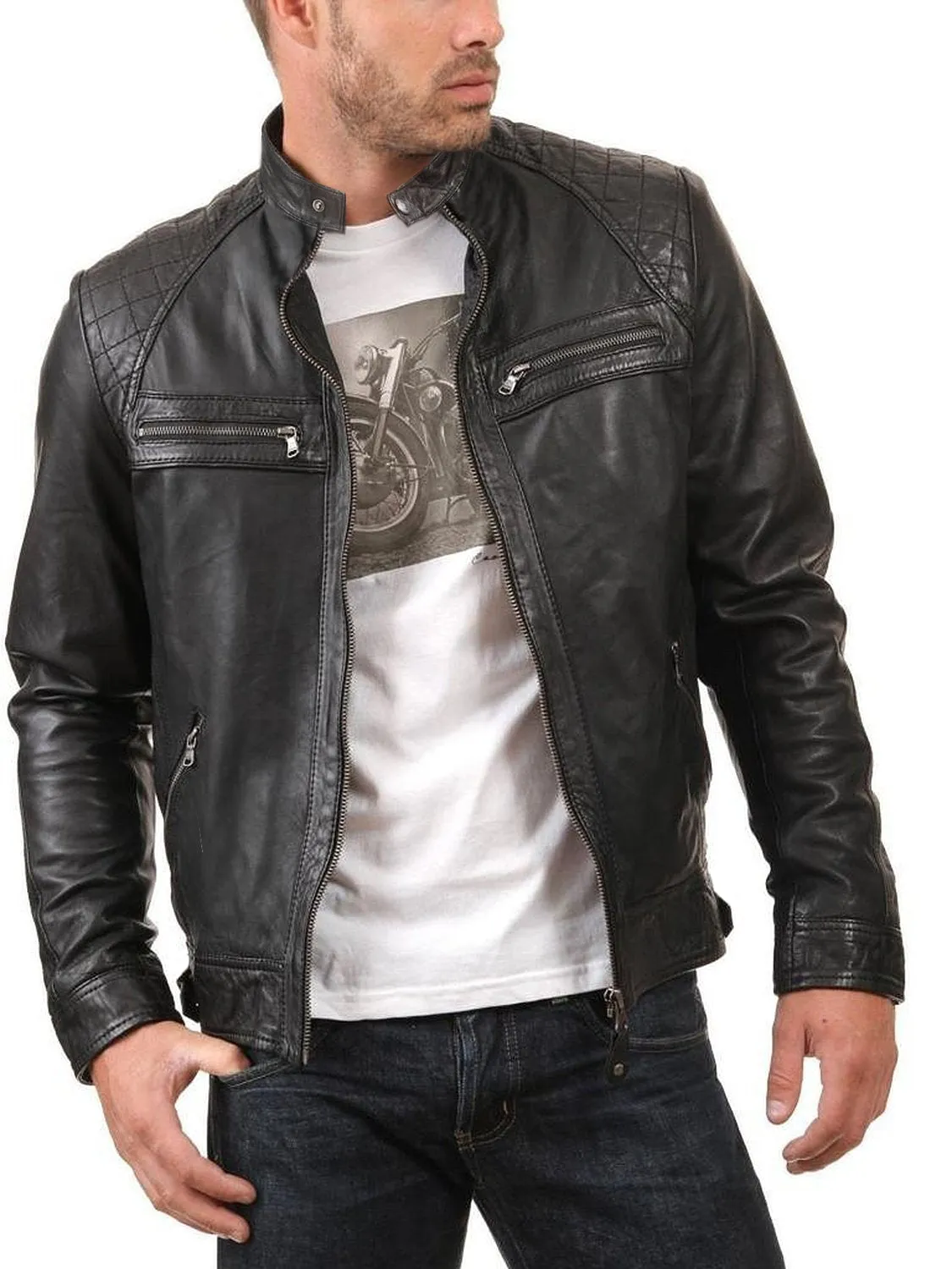 Leather Jackets Hub Mens Genuine Lambskin Leather Jacket (Black, Fencing Jacket) - 1701007