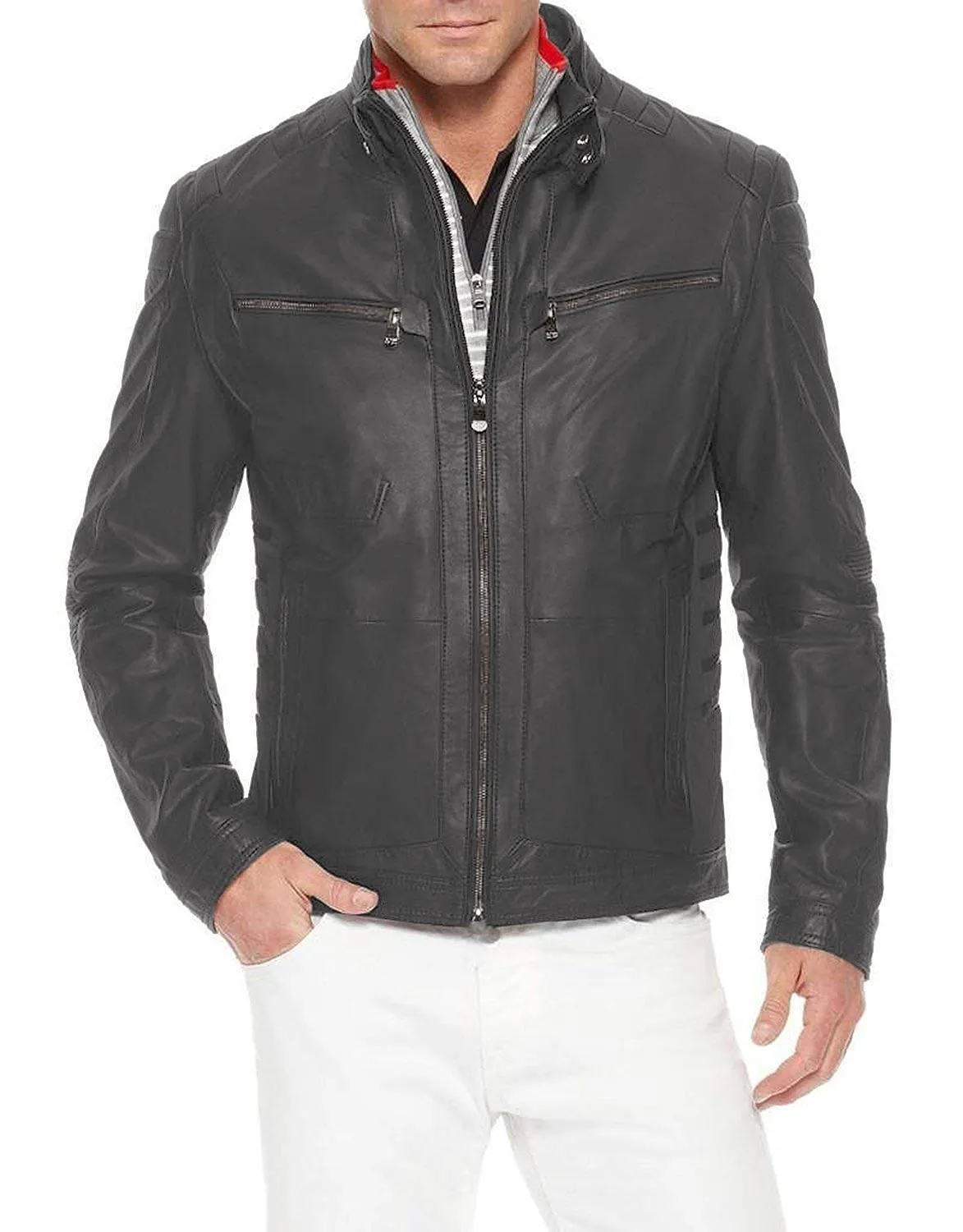 Leather Jackets Hub Mens Genuine Lambskin Leather Jacket (Black, Racer Jacket) - 1501156