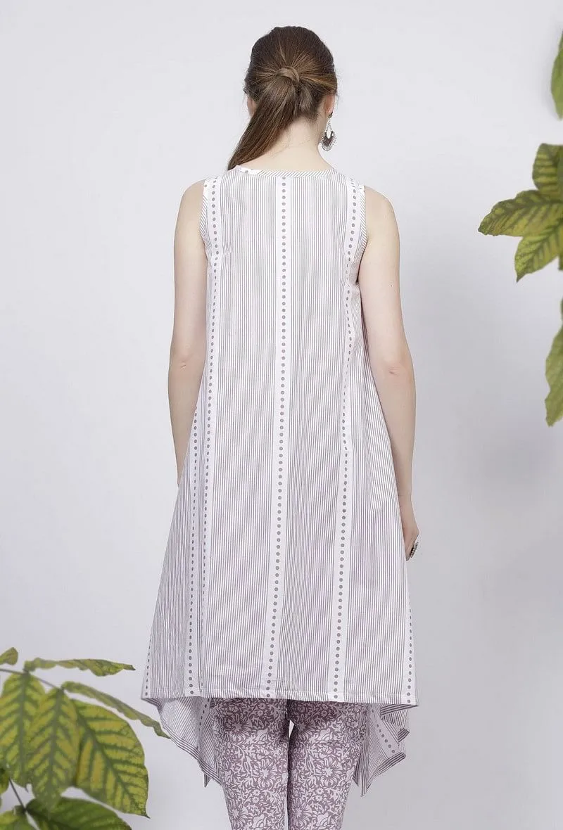 Lilac Asymmetrical Stripes Hand-Block Printed Cotton Kurta