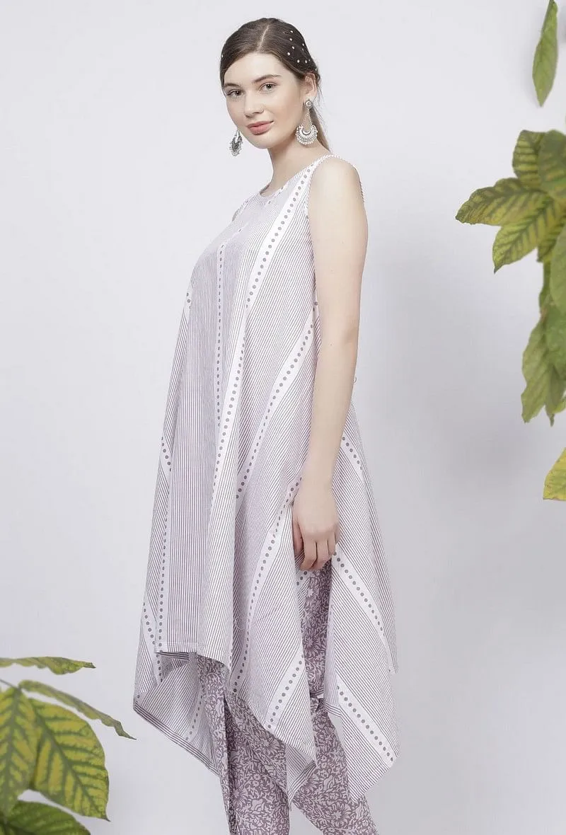 Lilac Asymmetrical Stripes Hand-Block Printed Cotton Kurta