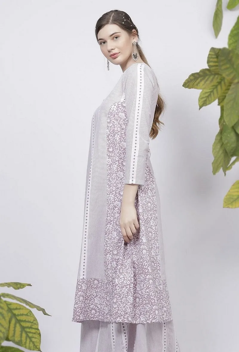 Lilac Floral Stripes Hand-Block Printed A line Cotton Kurta