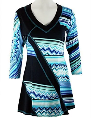 Lior Paris - Zig-Zag Stripes, Blue & White Geometric Tunic with Trimmed V-Neck