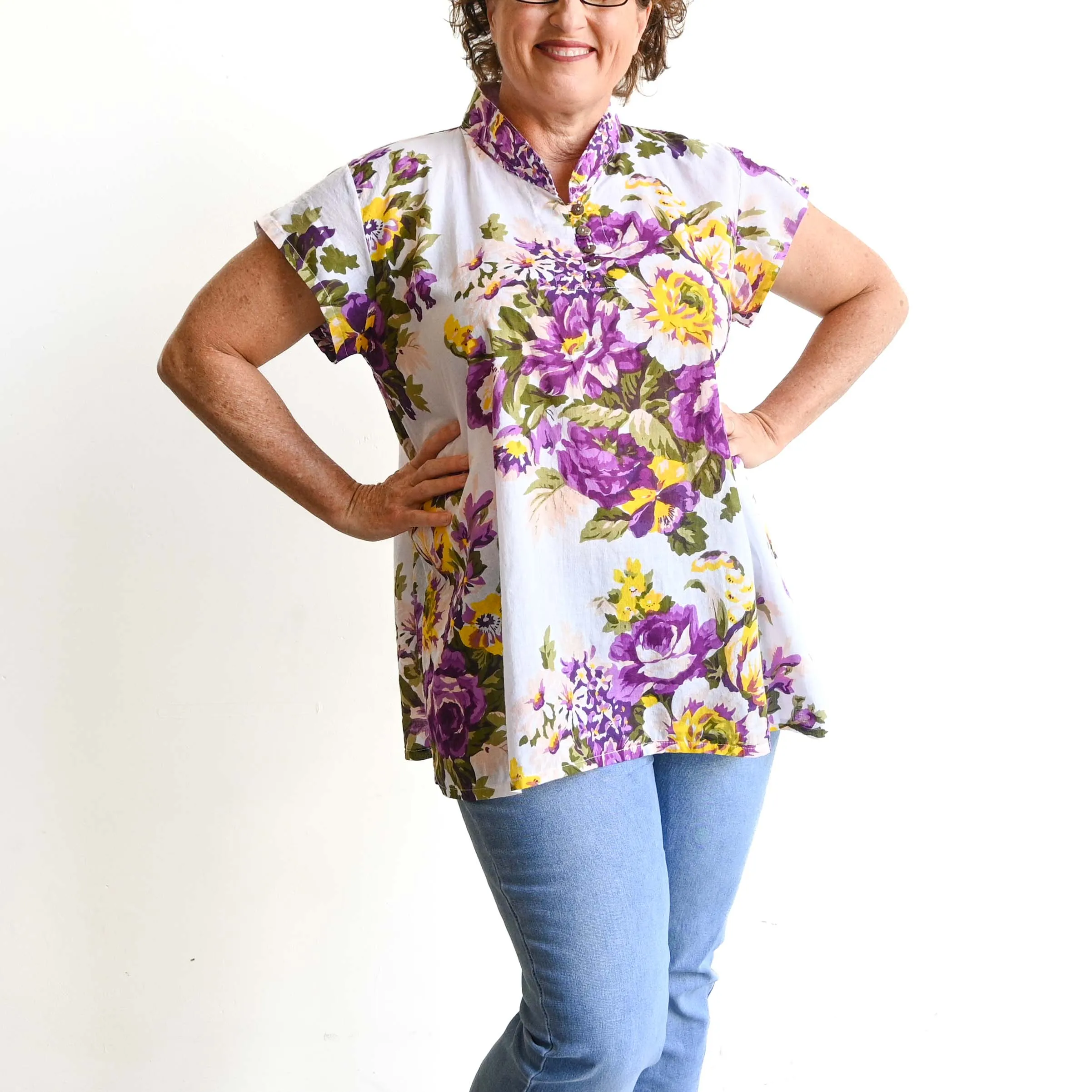 Loose Fit Cotton Tunic Top by KOBOMO - Vintage Flora