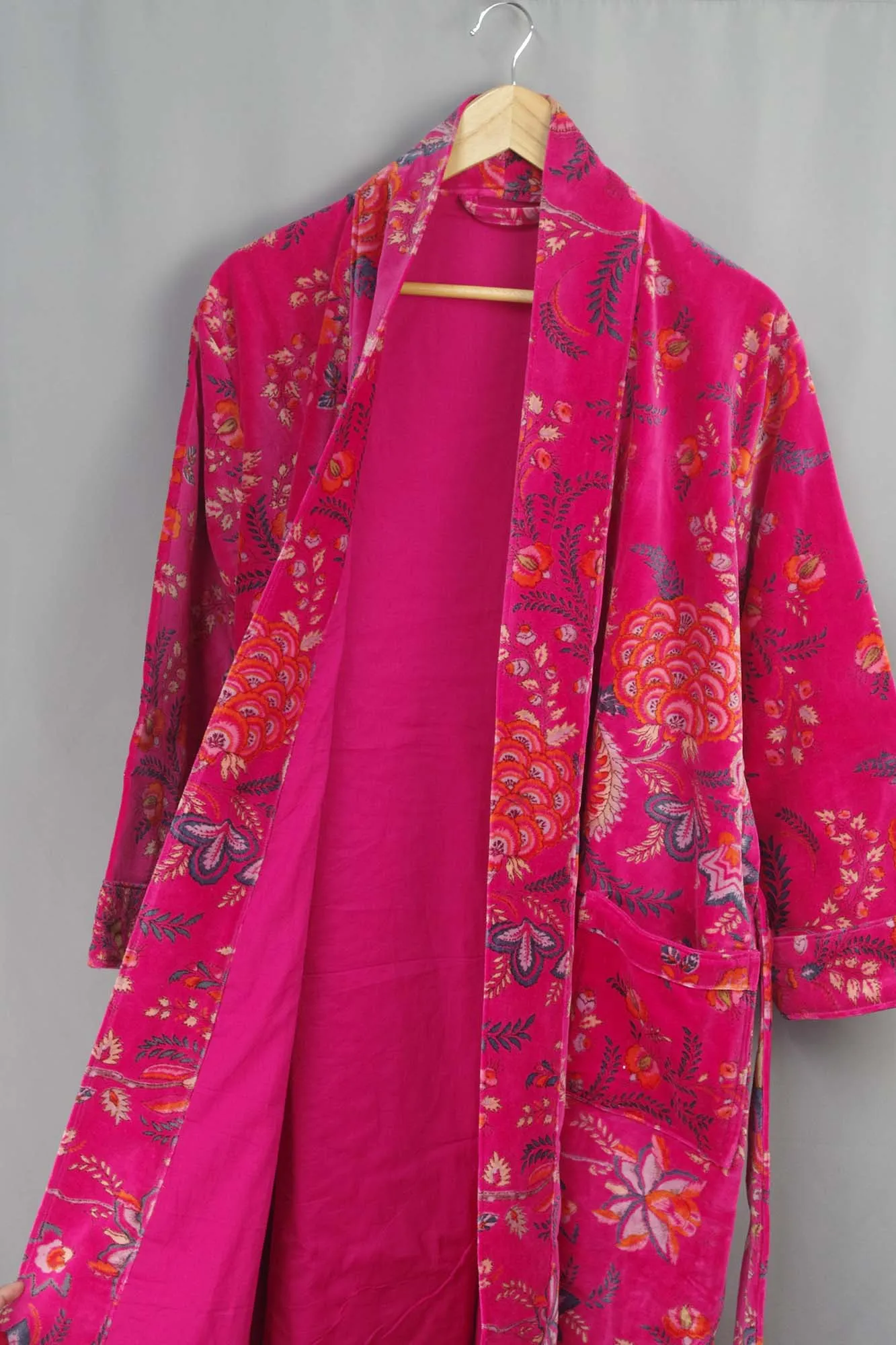 Luxury Hot Pink Floral Velvet Kimono Boho Robe With Lining.