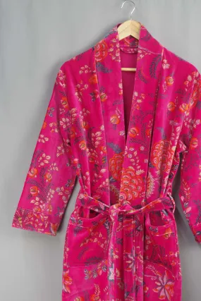 Luxury Hot Pink Floral Velvet Kimono Boho Robe With Lining.