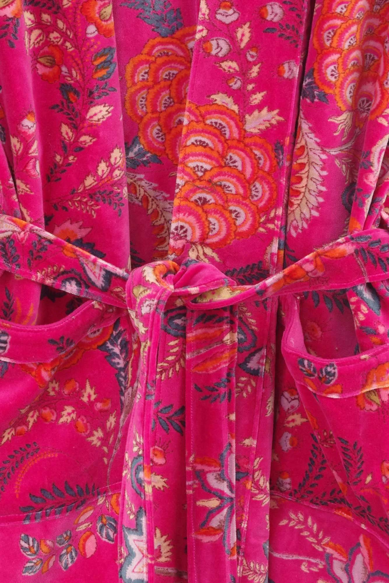 Luxury Hot Pink Floral Velvet Kimono Boho Robe With Lining.