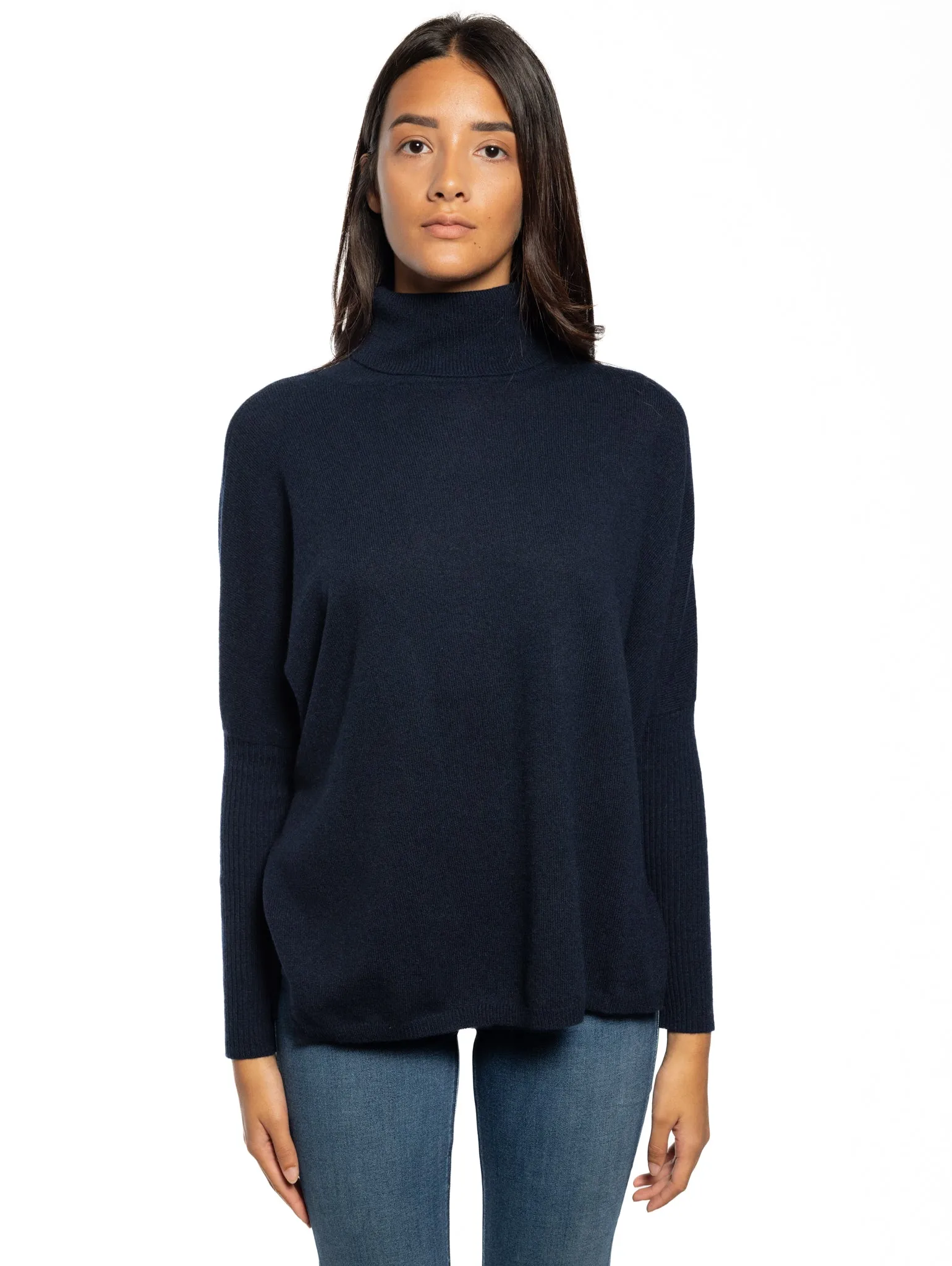 Maglia Poncho Collo Alto In Cashmere Blu