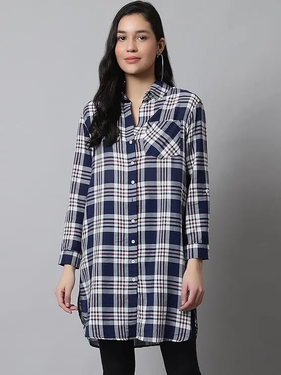 MansiCollections Women's Cotton Shirt Collar Full Sleeve Checkered Tunic