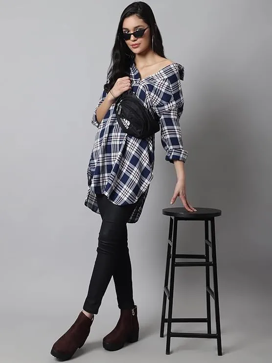 MansiCollections Women's Cotton Shirt Collar Full Sleeve Checkered Tunic