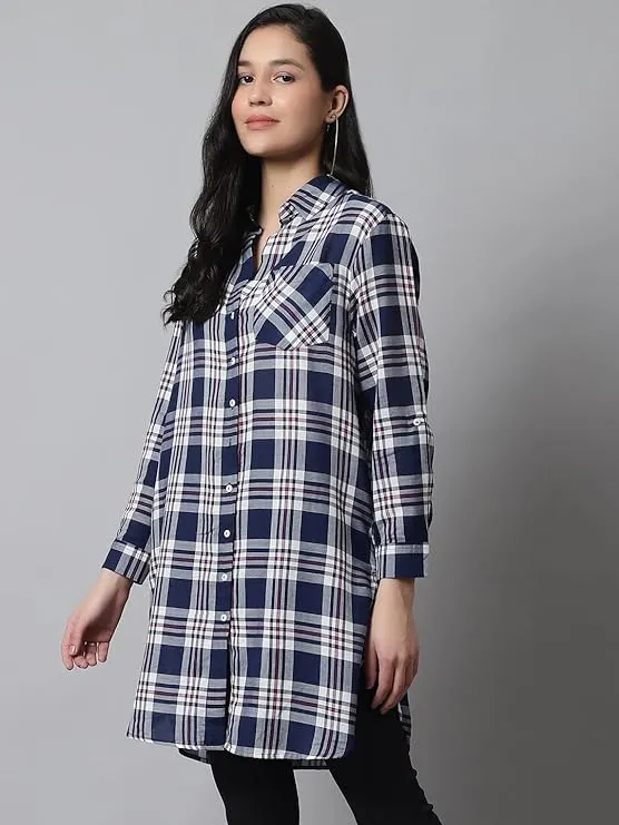 MansiCollections Women's Cotton Shirt Collar Full Sleeve Checkered Tunic