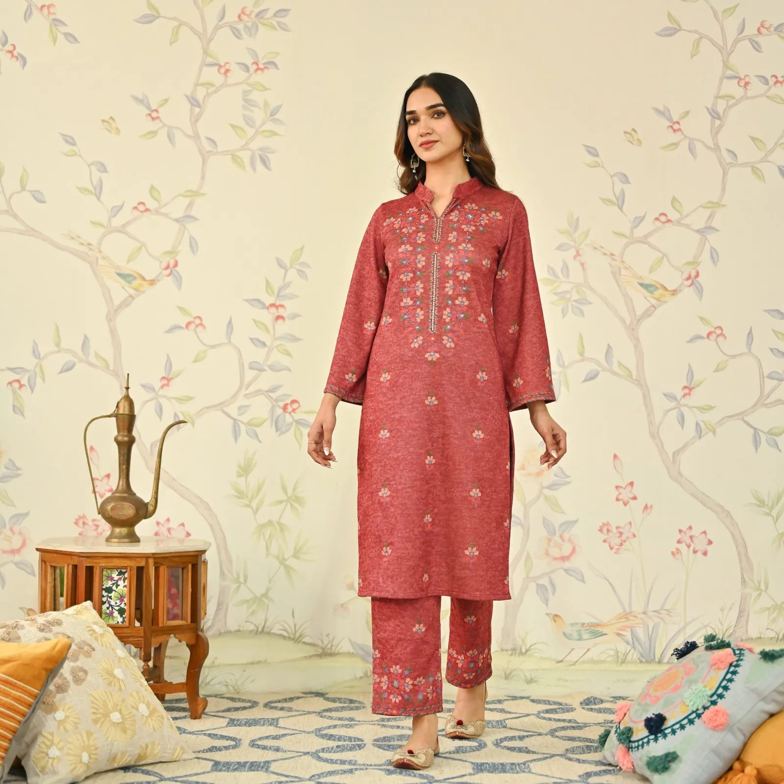 Maroon Geometric Floral Woollen Kurta Set with Embroidery Detail