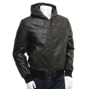 Men Genuine Lambskin Leather Hooded Bomber Jacket