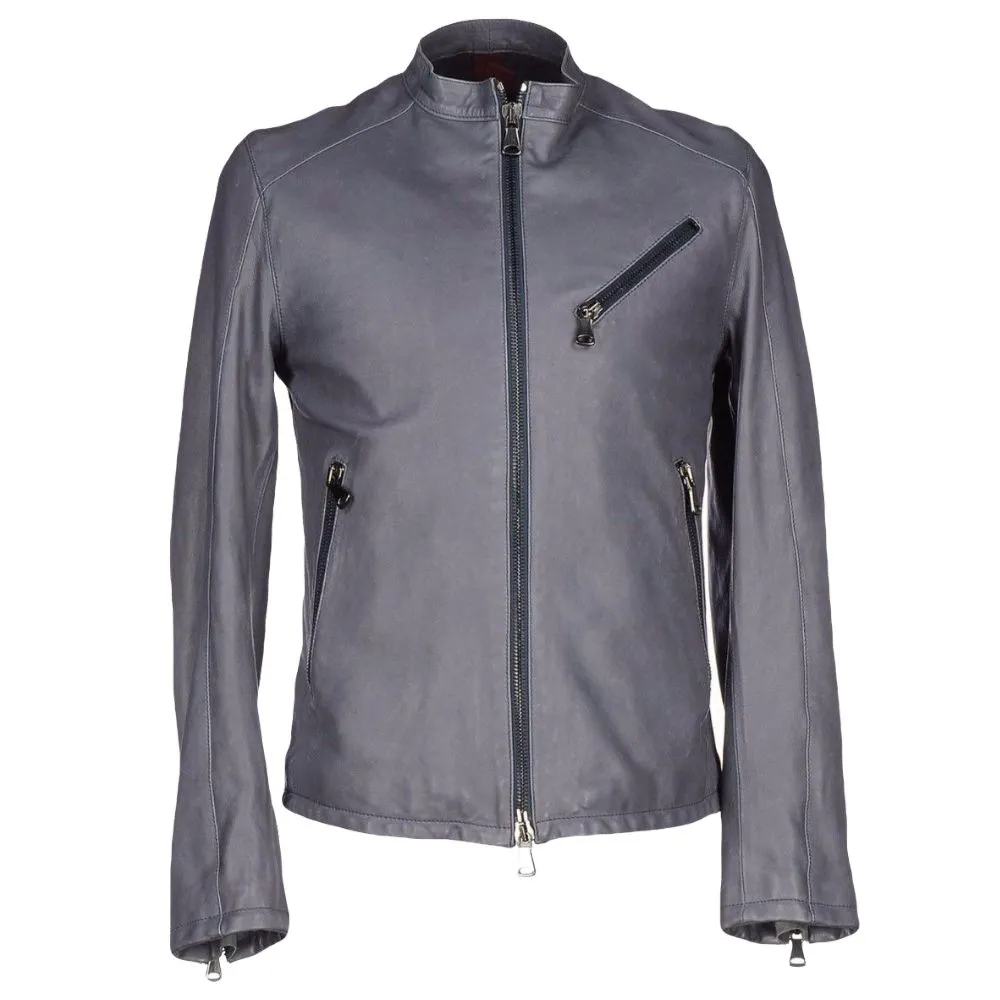 Men Slim Fit Grey Leather Jacket