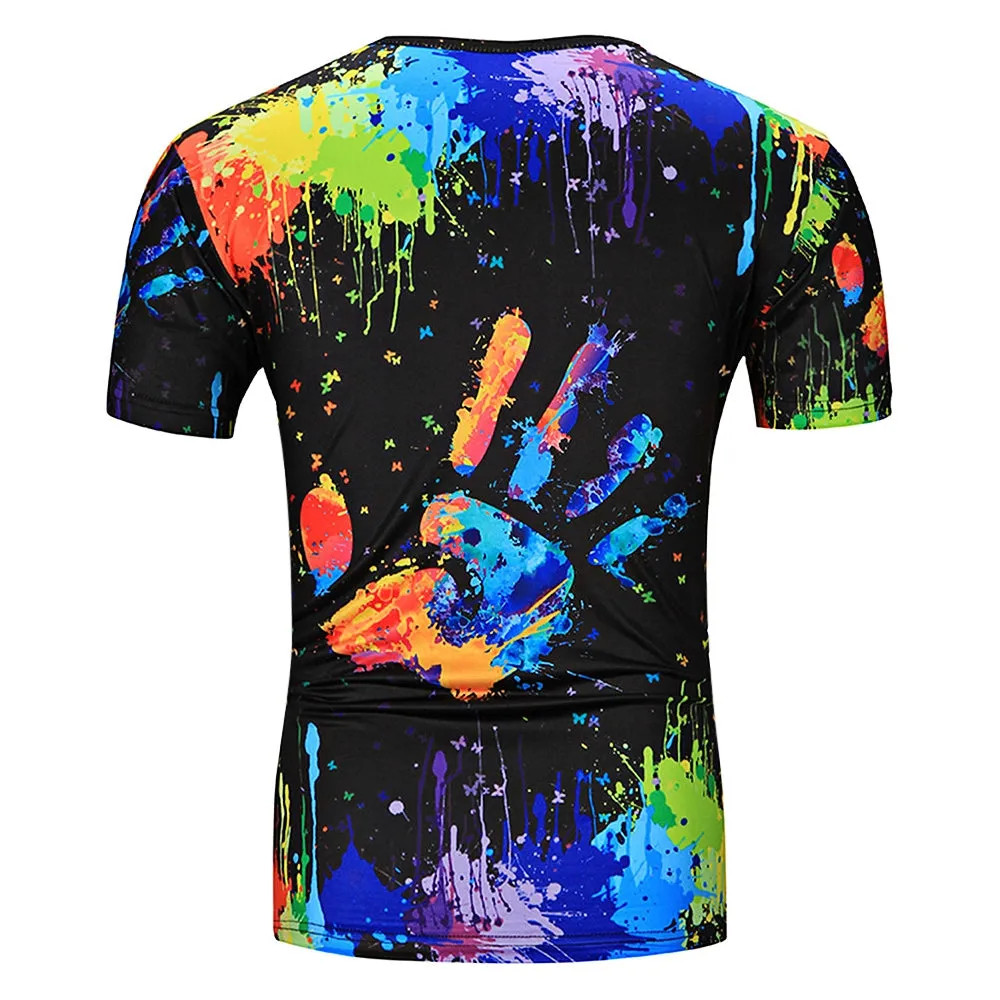 Men's Colorful Splatter Paint Round Neck Handprint Print T-Shirt