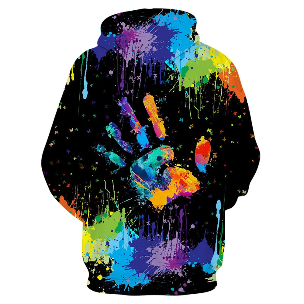 Men's Fashion Crew Neck Colorful Splatter Paint Handprint Print T-Shirt