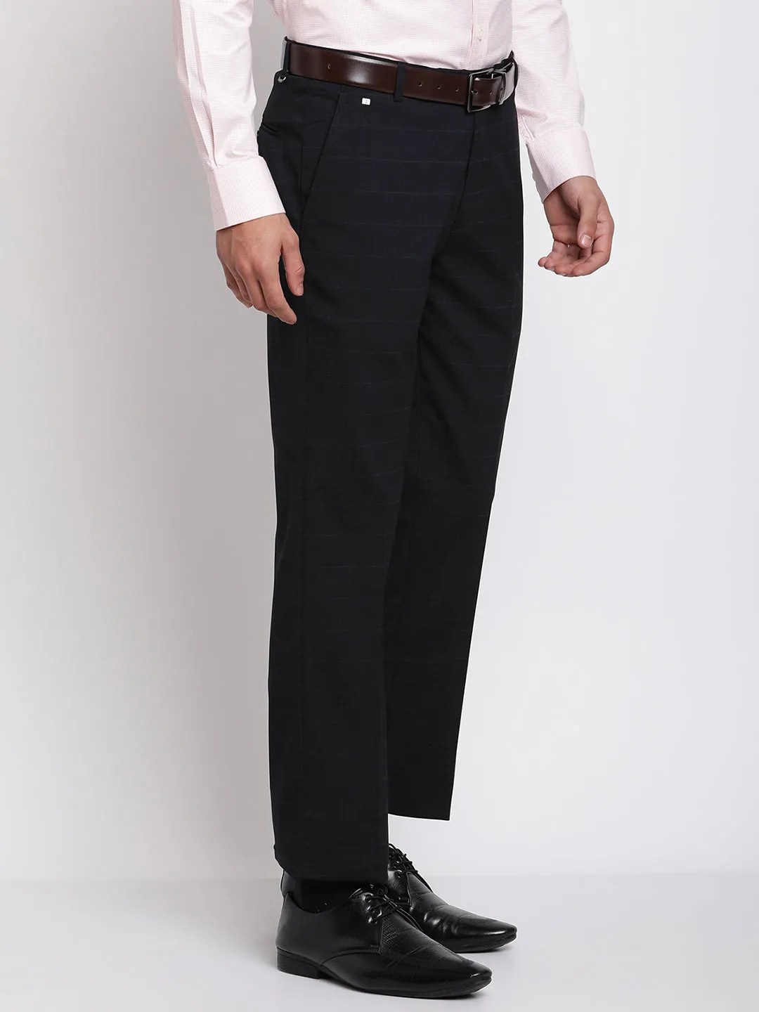 Men's Formal Flat front Black Checks Trousers