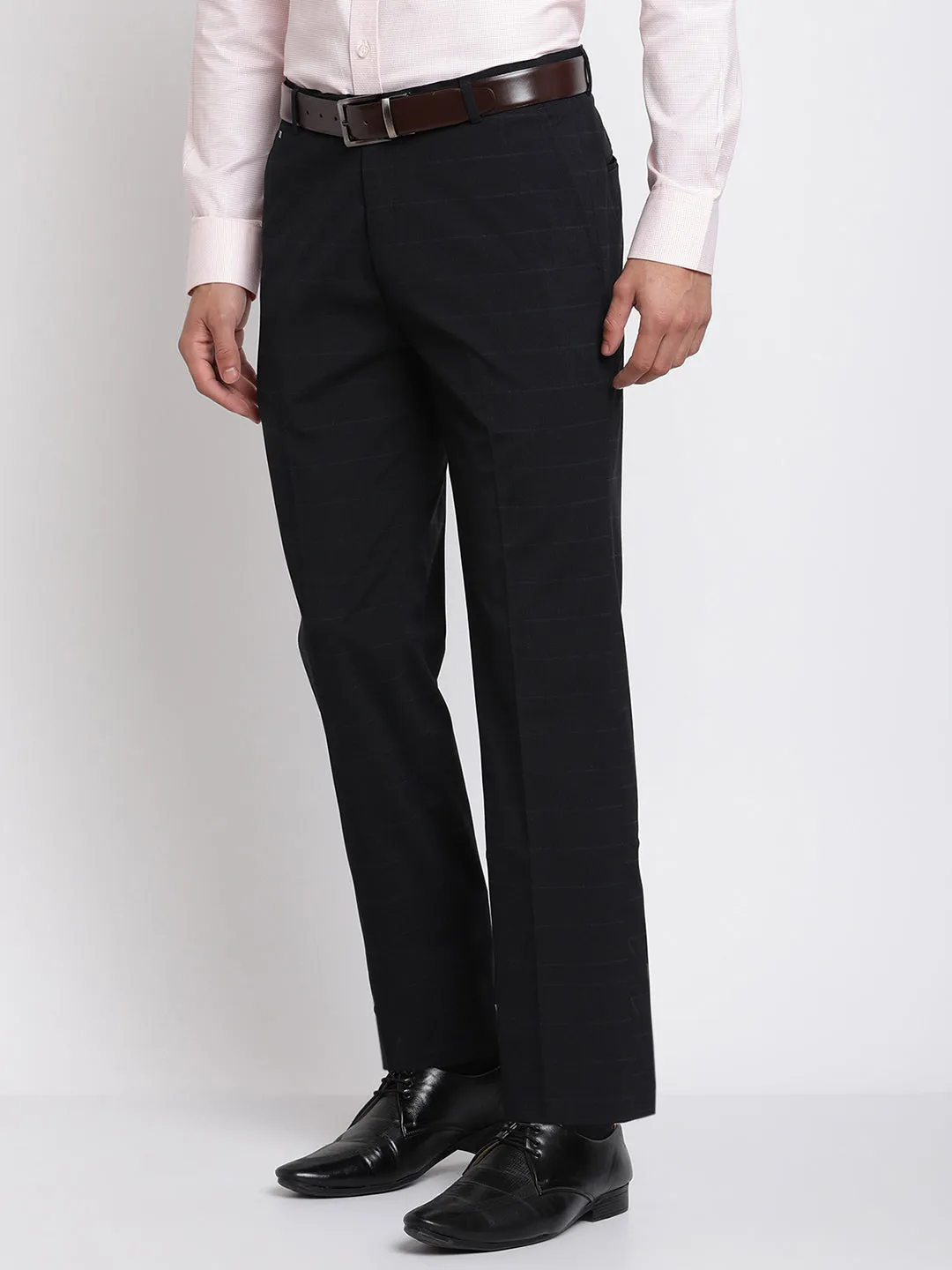 Men's Formal Flat front Black Checks Trousers