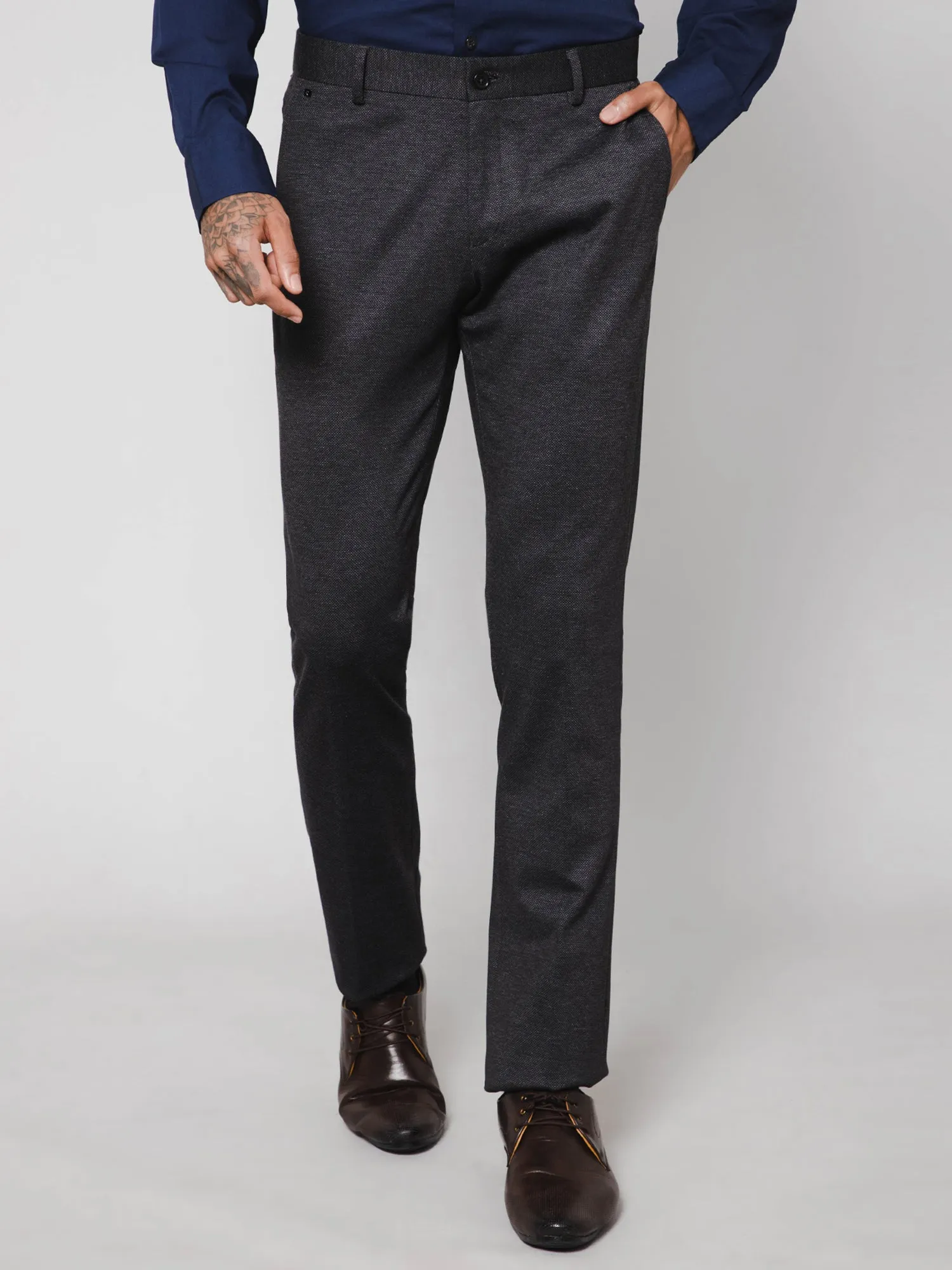 Men's Slim fit Flat front Dark Grey  Trousers