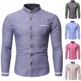 Men's Slim Fit Solid Color Stand Collar Shirt for Business Casual