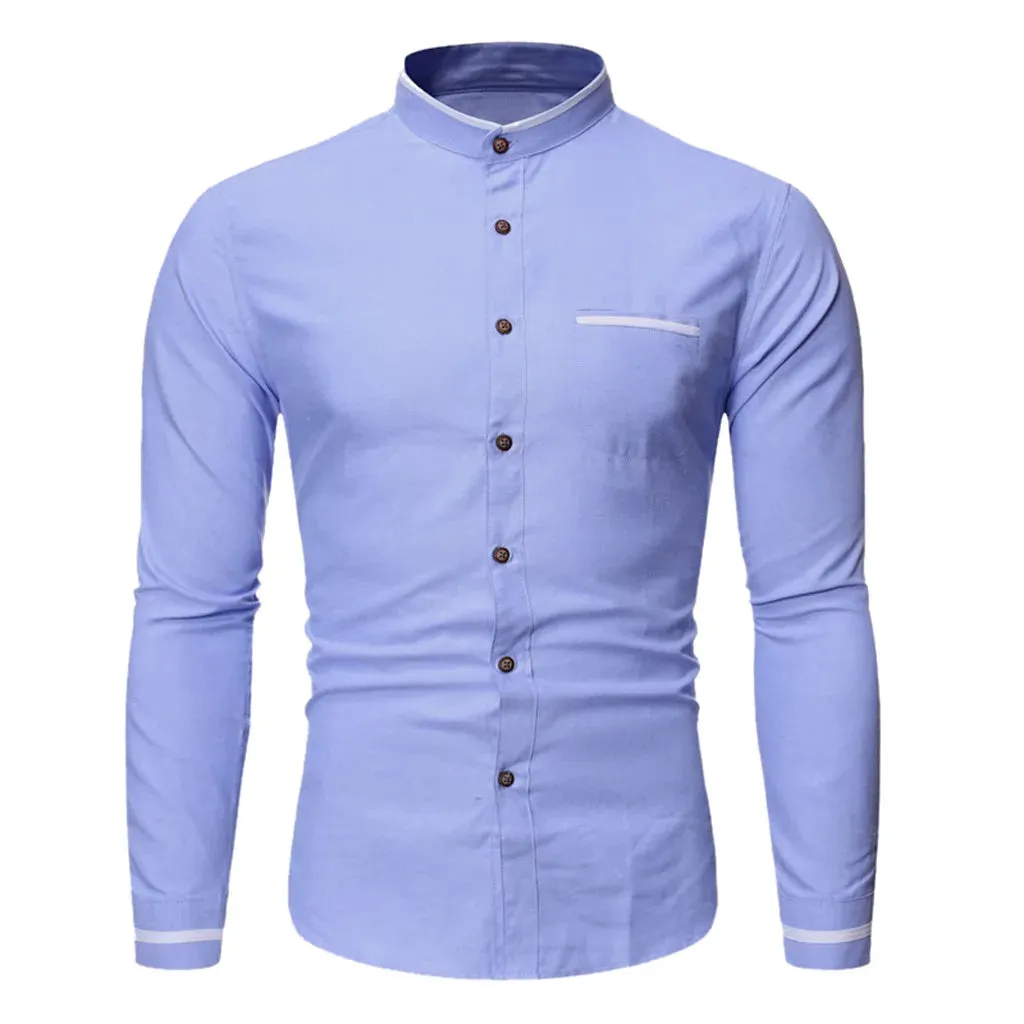 Men's Slim Fit Solid Color Stand Collar Shirt for Business Casual