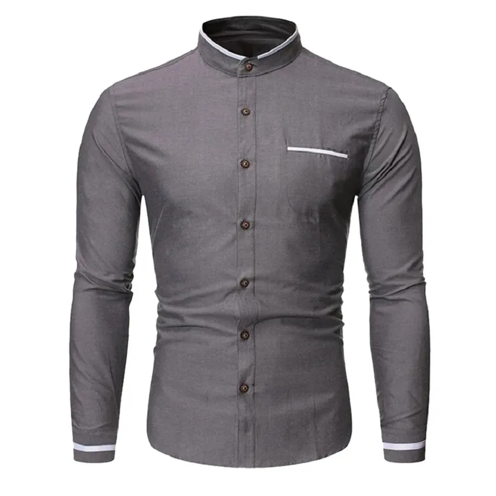 Men's Slim Fit Solid Color Stand Collar Shirt for Business Casual