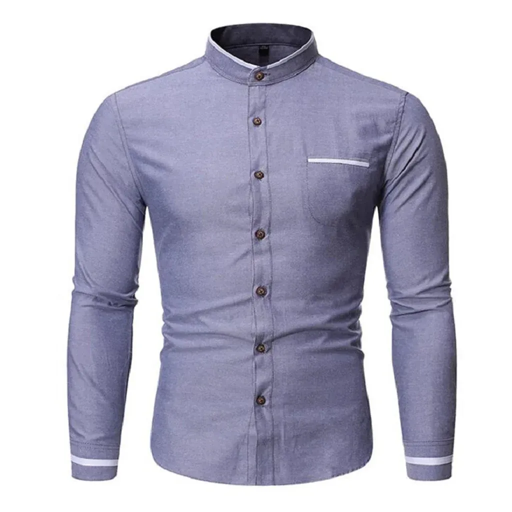 Men's Slim Fit Solid Color Stand Collar Shirt for Business Casual