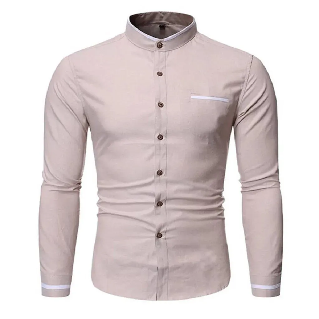 Men's Slim Fit Solid Color Stand Collar Shirt for Business Casual