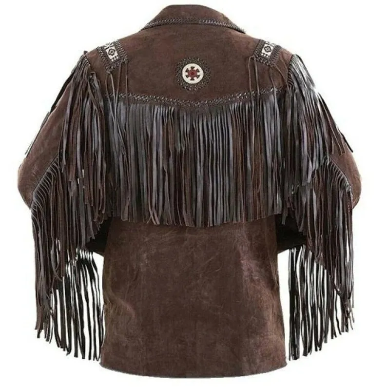 Mens Western Cowboy Leather Jacket with Fringed & Beads