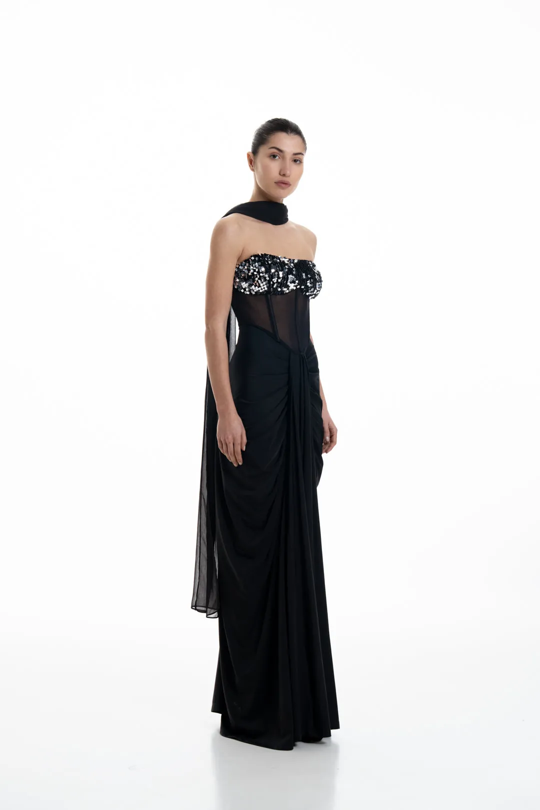 MIDNIGHT CORSETED DRAPE DRESS WITH NECK DRAPE