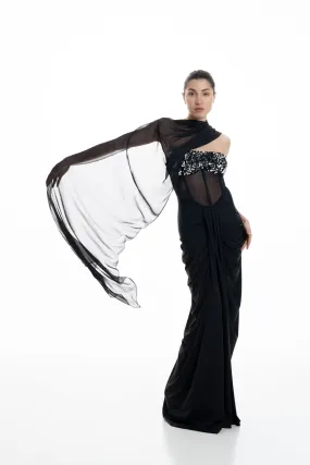 MIDNIGHT CORSETED DRAPE DRESS WITH NECK DRAPE