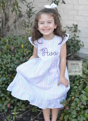 Monogrammed Seersucker Easter dress, toddler dress, baby girl rainbow dress personalized, Summer outfit, Baby Girl Beach Outfit