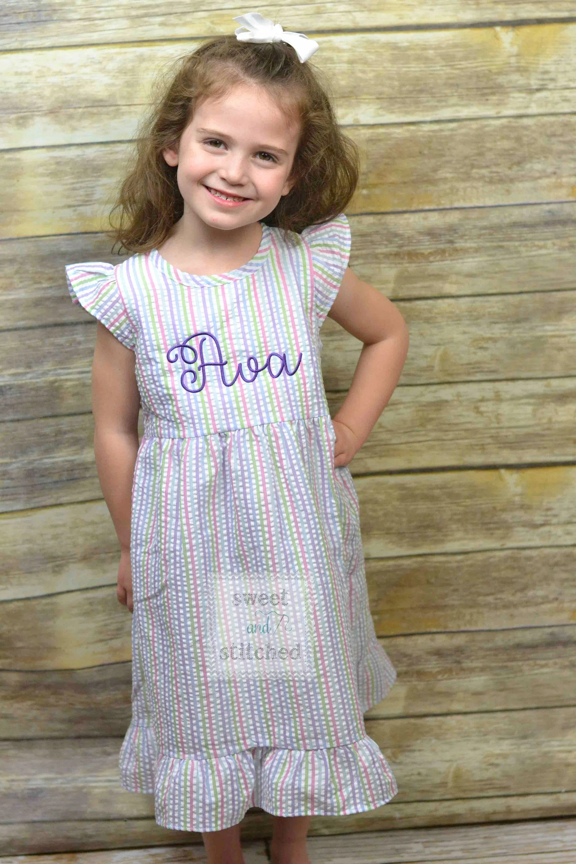 Monogrammed Seersucker Easter dress, toddler dress, baby girl rainbow dress personalized, Summer outfit, Baby Girl Beach Outfit