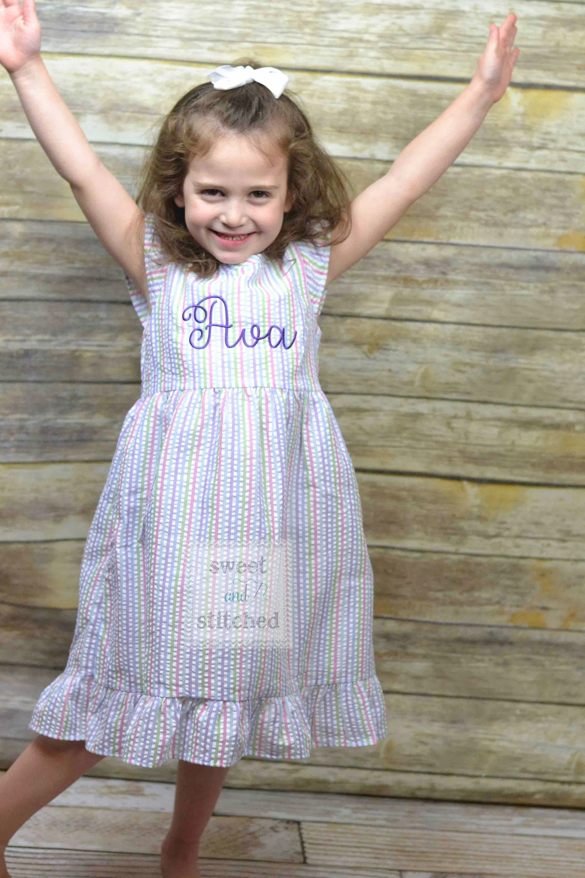 Monogrammed Seersucker Easter dress, toddler dress, baby girl rainbow dress personalized, Summer outfit, Baby Girl Beach Outfit