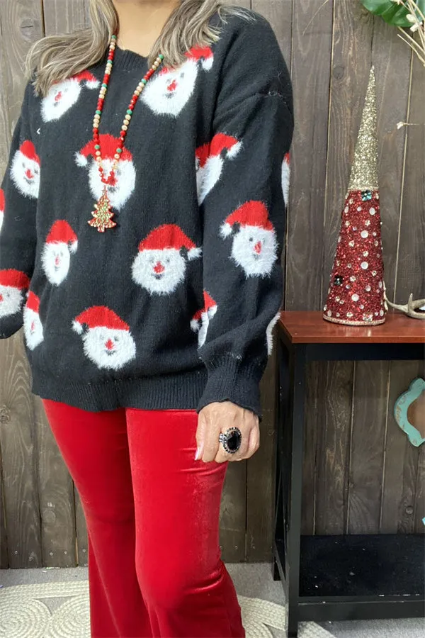 MY15294 Santa Claus printed knitted black long sleeve women tops/sweater wholesale for winter