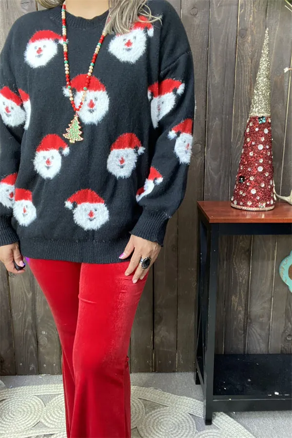 MY15294 Santa Claus printed knitted black long sleeve women tops/sweater wholesale for winter