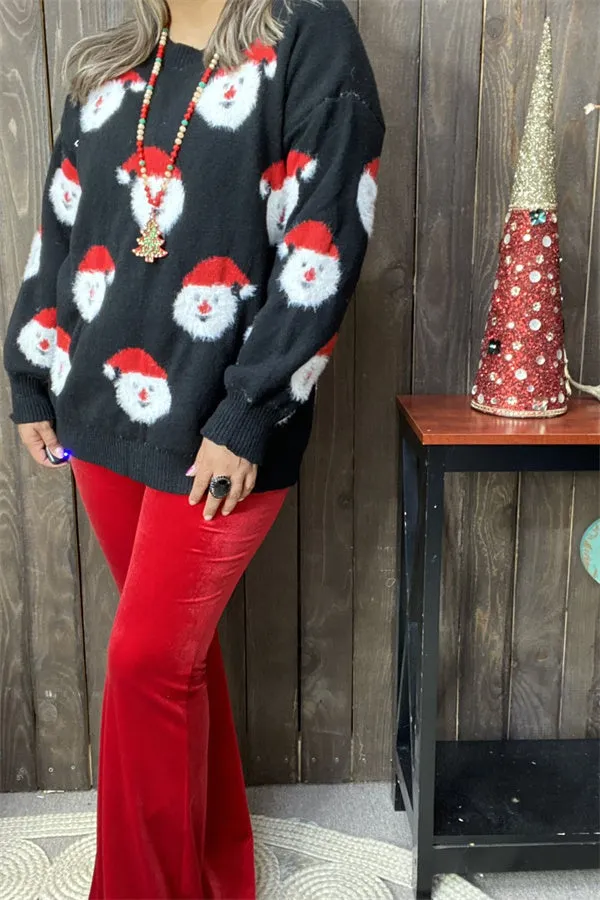 MY15294 Santa Claus printed knitted black long sleeve women tops/sweater wholesale for winter