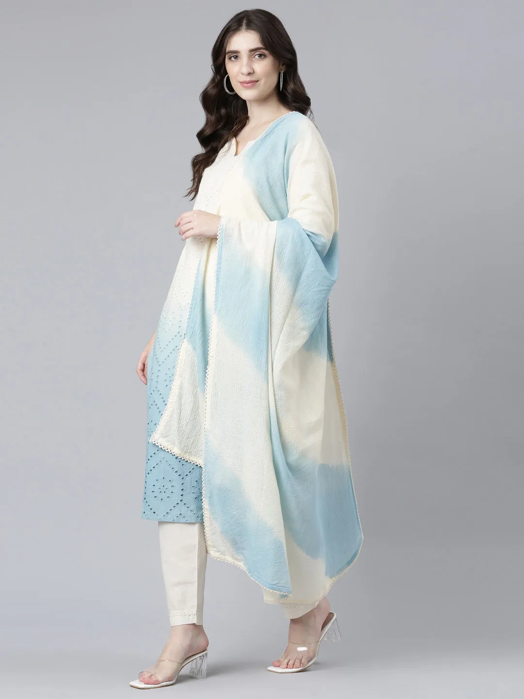 Neerus Round Neck Cotton Kurta With Trousers With Dupatta