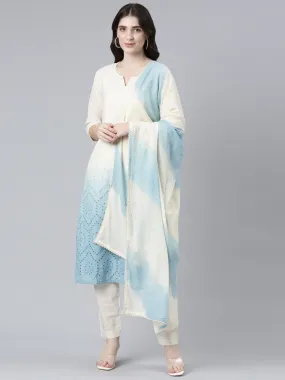 Neerus Round Neck Cotton Kurta With Trousers With Dupatta