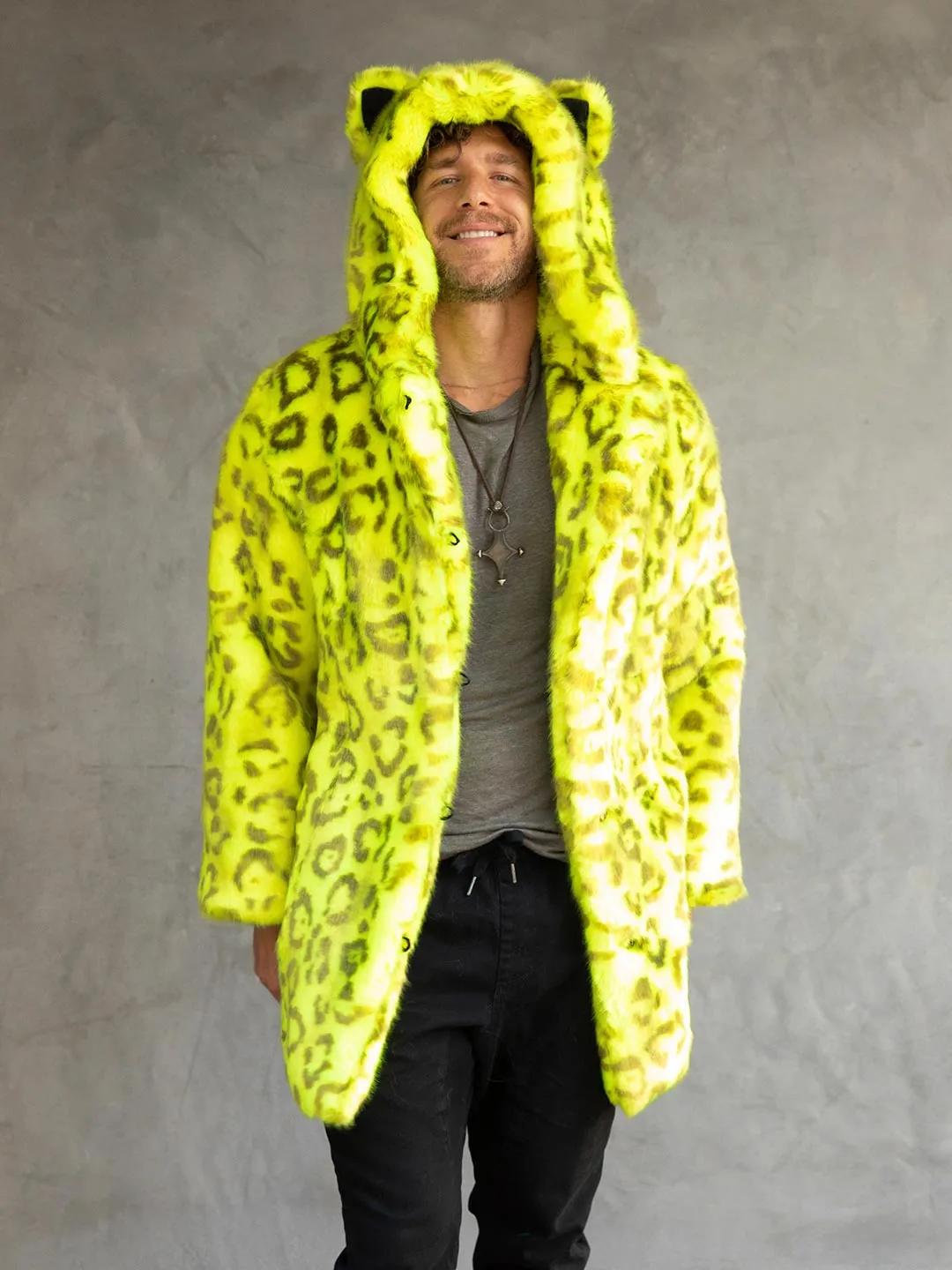 Neon Yellow Leopard Luxe Classic Faux Fur Coat | Men's