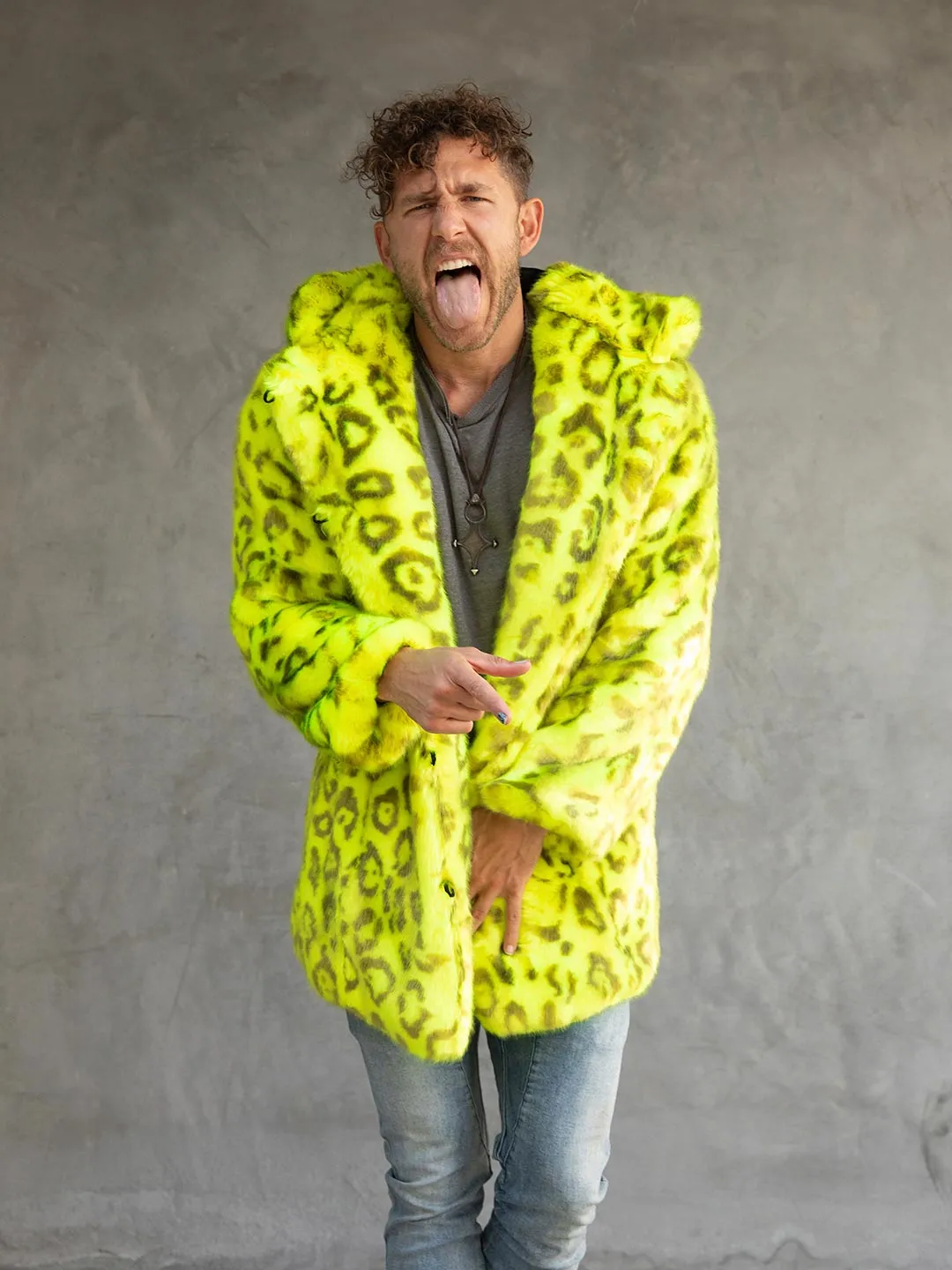 Neon Yellow Leopard Luxe Classic Faux Fur Coat | Men's