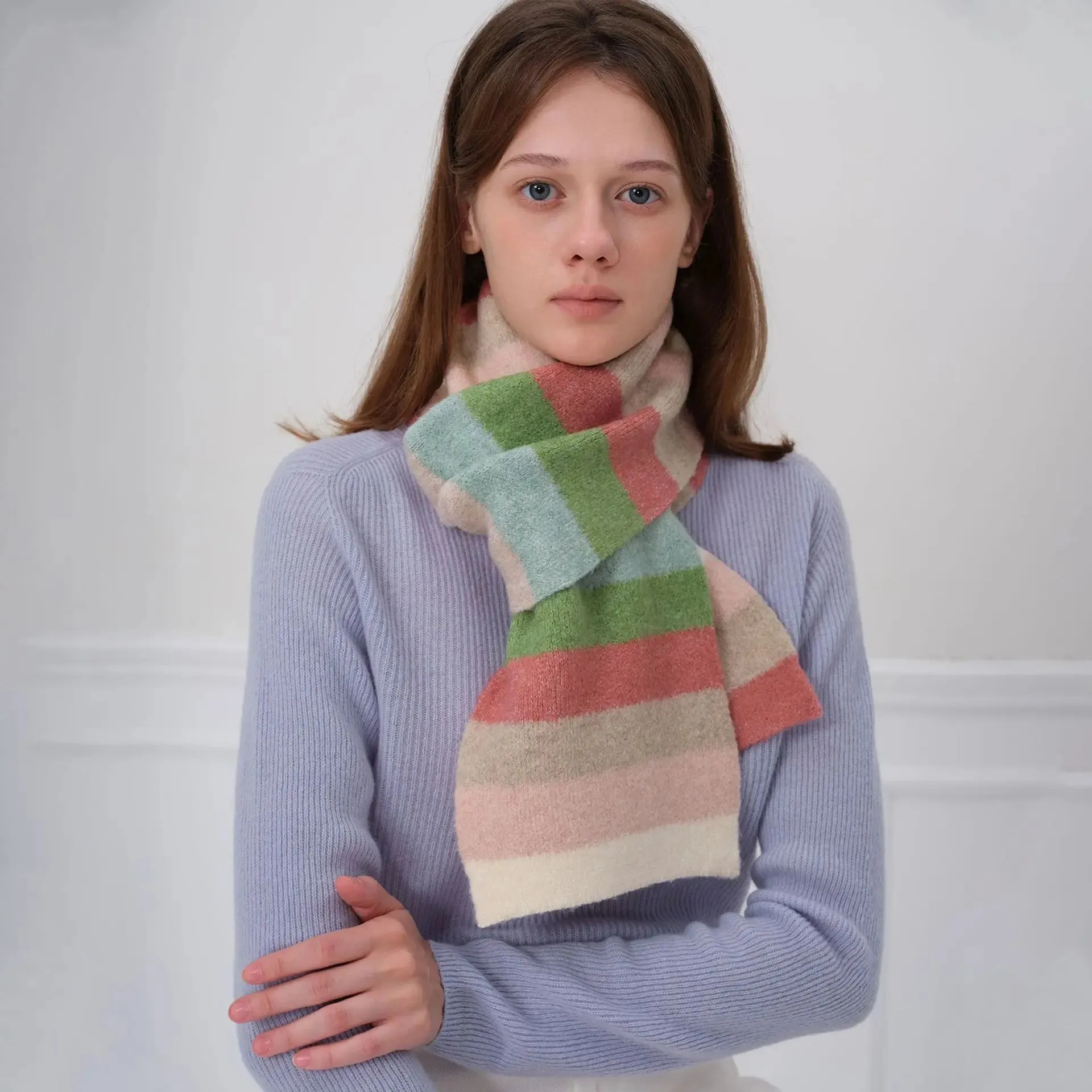 New Winter Cashmere Shawl Women Colorful Striped Neck Scarf